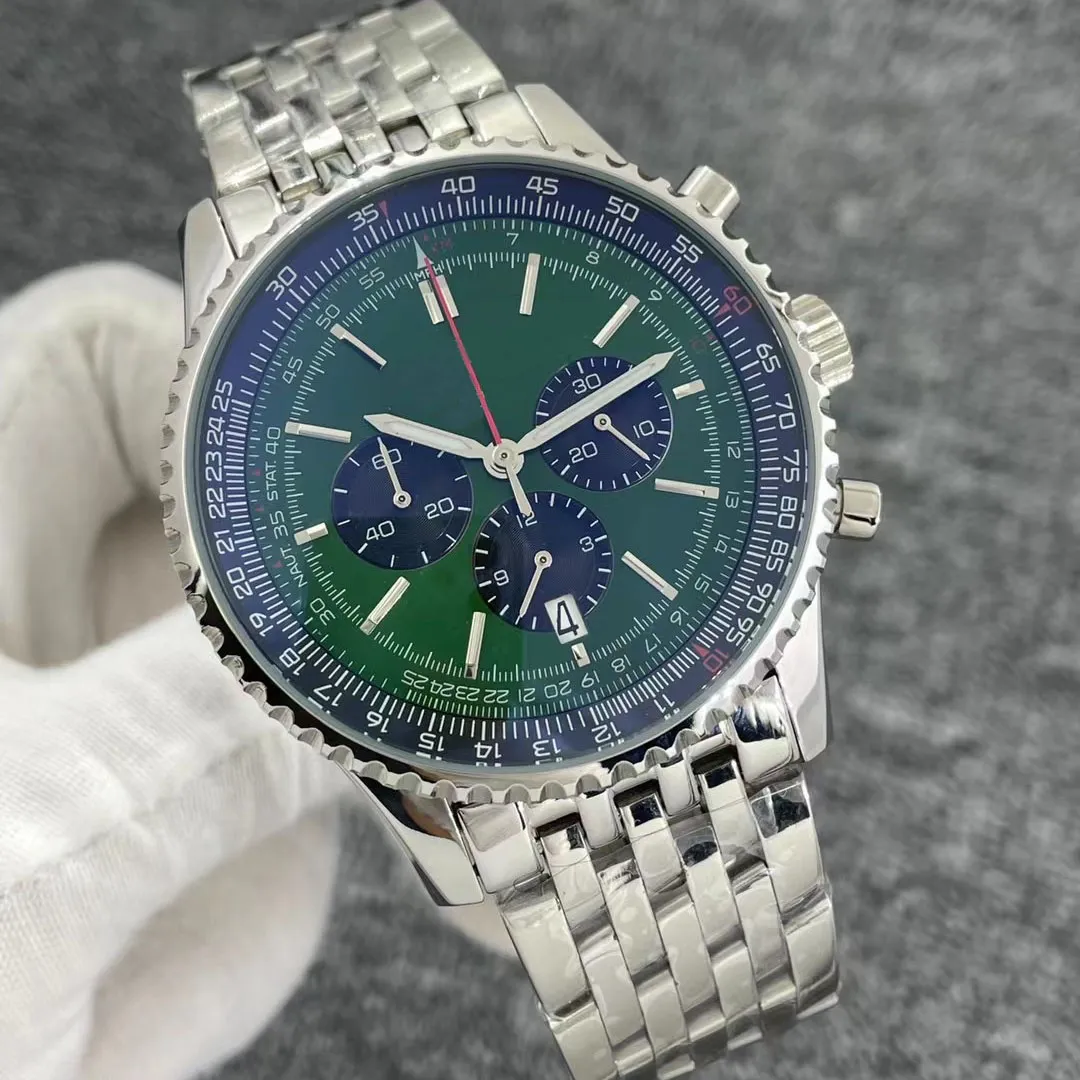 B01 46MM jakość Navitimer zegarek chronograf mechanizm kwarcowy stalowa zielona tarcza 50. ROCZNICA męski zegarek pasek ze stali nierdzewnej męskie zegarki na rękę