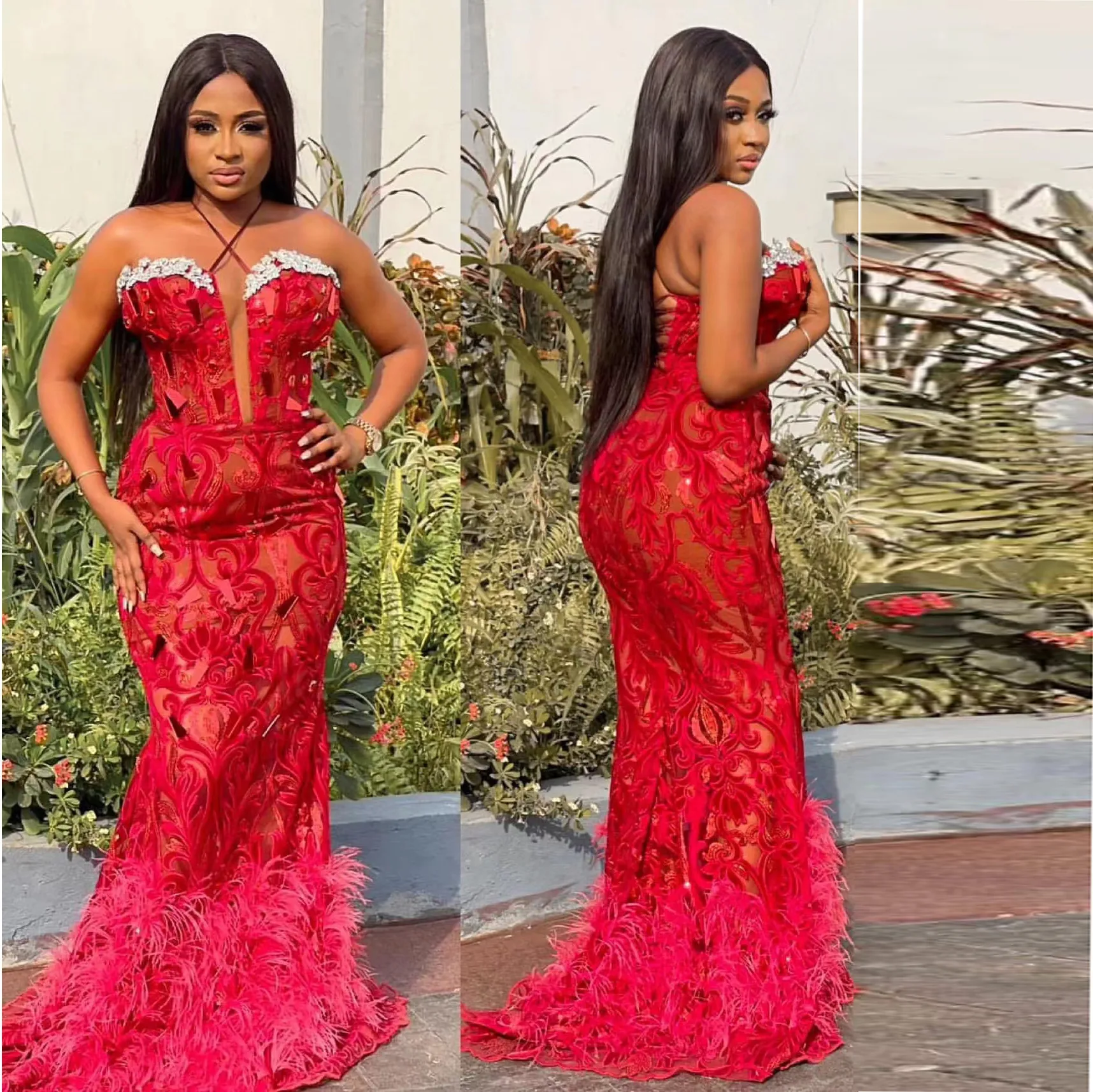 Nouveau Rouge Sexy Sirène Robe De Bal Balck Fille Perles Plumes Bas Aso Ebi Anniversaire Paty Robes Printemps Eté Porter Des Robes De Soirée