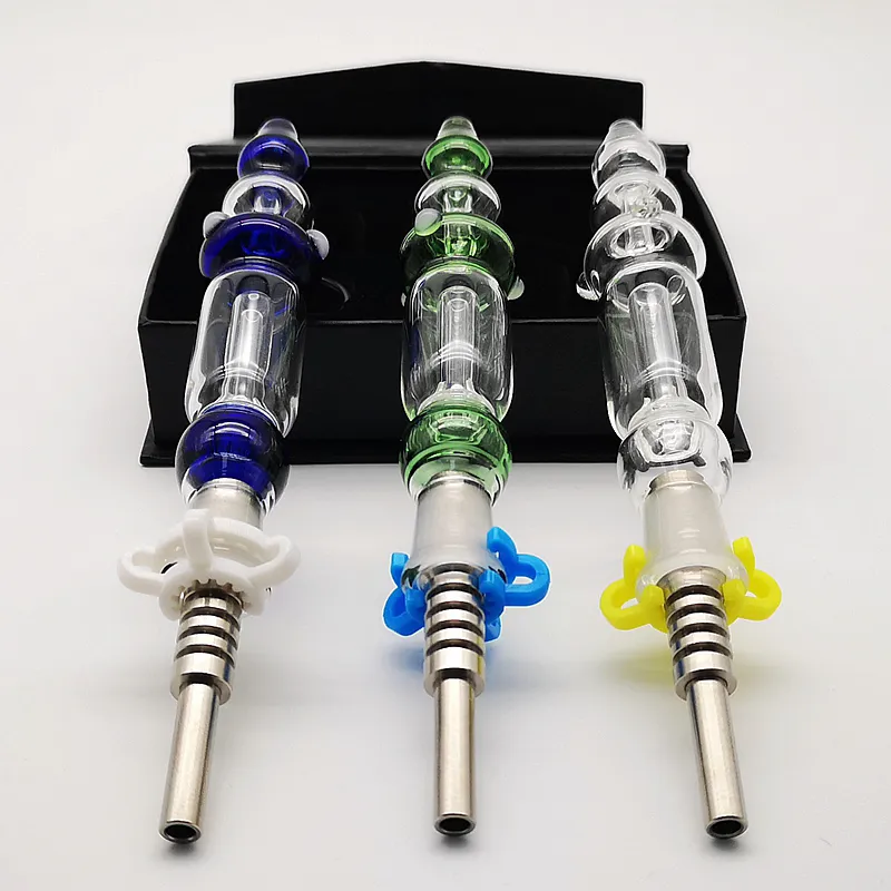 Newest Nector Collector NC Kits Smoking Accessories Mini Blue Green Glass Bongs 10ml 14ml Joint Water Pipes Small Oil Rigs With Titanium Nail Packaging Box