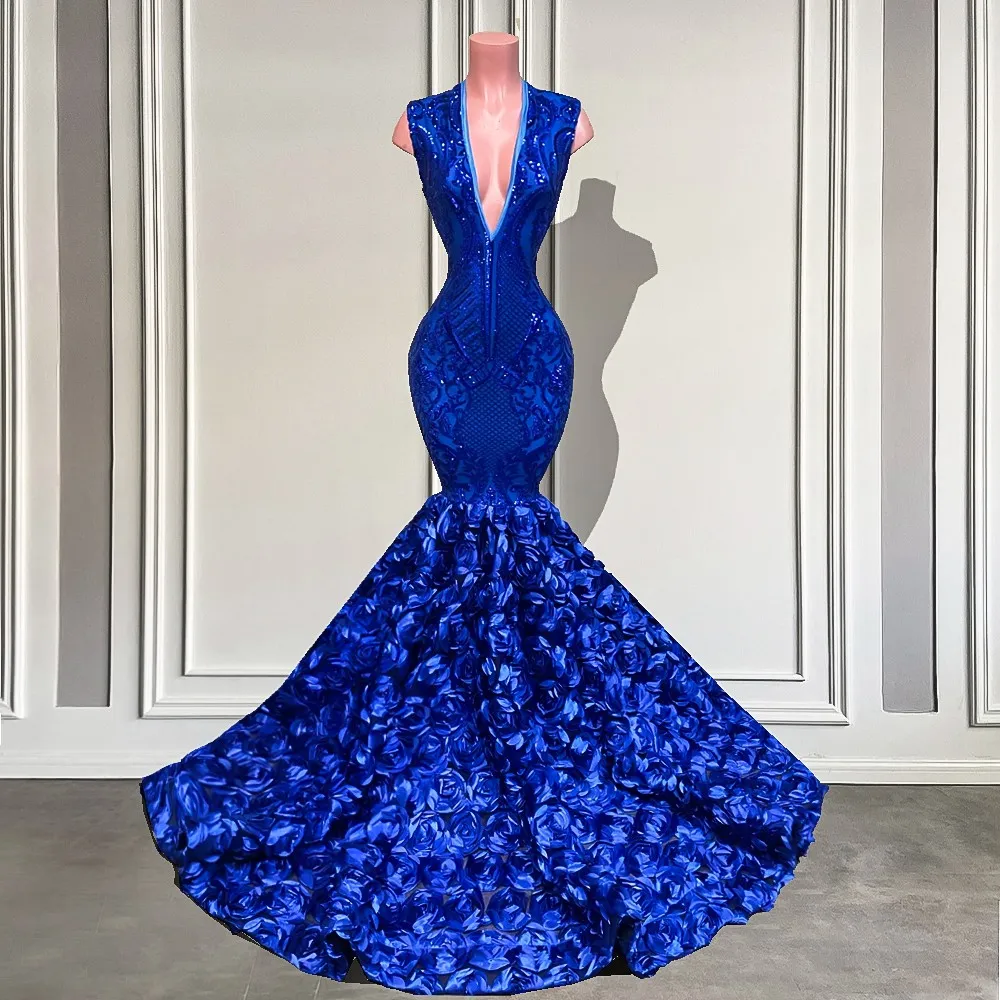 Sparkly Elegant V-neck Royal Blue Sleeveless 3D Rose Mermaid Prom Dress Long Sequined Black Girls Gala Evening Party Wear Gowns Custom Made