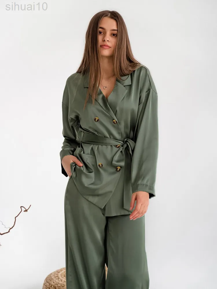 Hiloc dubbele zakken nachtkleding 2022 Doube borsten satijn pyjama's vrouwen sets volledige mouwen mode dames huiskleding groen l220803