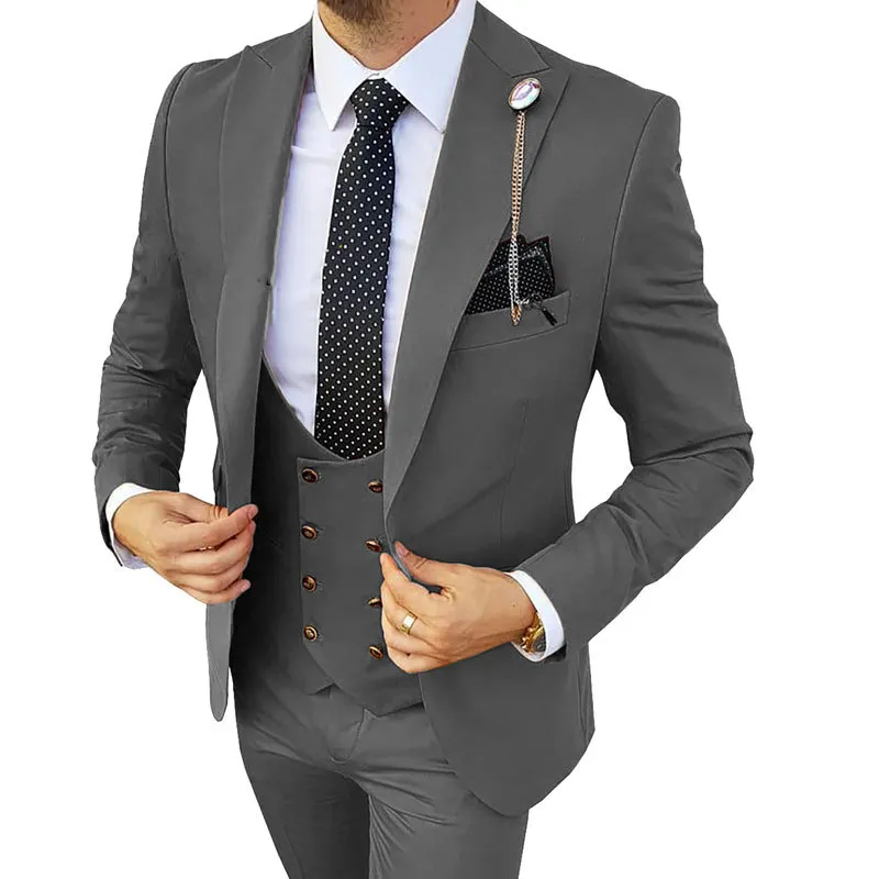 Donkergrijze bruiloft smoking voor bruidegom op maat gemaakte 3 stuks set groomsmen pak herenpakken bruidegom jas pants prom party dating zakelijke slanke fit