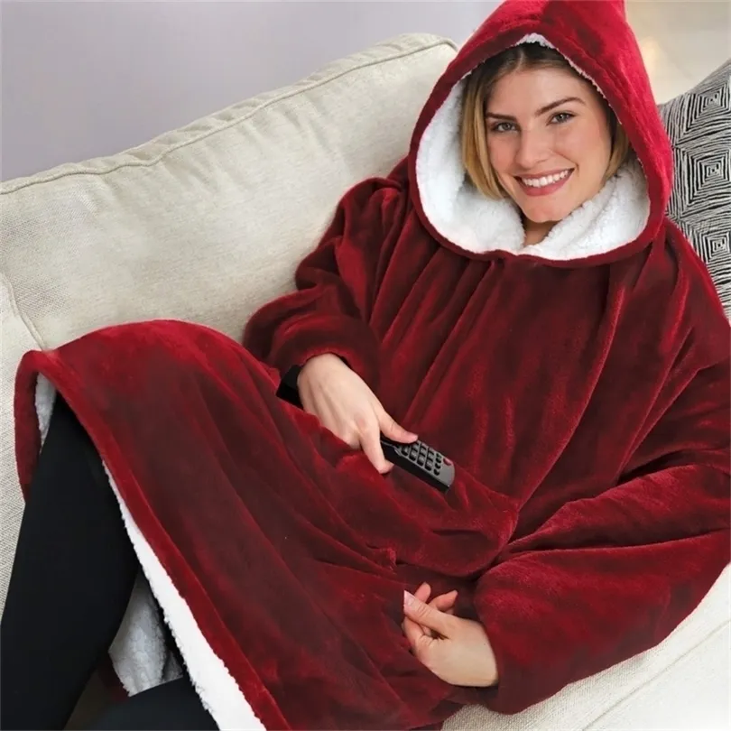 Microfiber Plush Coral Fleece Sherpa Blanket With Sleeves Super Soft Warm Outdoor Pocket Hoodie Adult Winter Hooded TV Blankets 201112