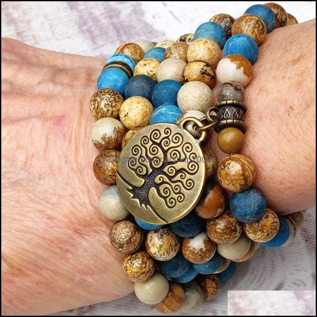 MG0829 6 MM Matte Picture Jasper 108 Mala Yoga Jewelry Natural Apatite Wrap Bracelet Trendy Design Tree of life Chram Bracelet