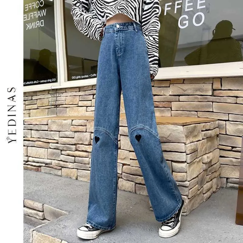 Jeans de coração da moda Yedinas para meninas Mulher larga de gola alta calça de calça de jeans de jeans de jeans mujer perna larga 210527