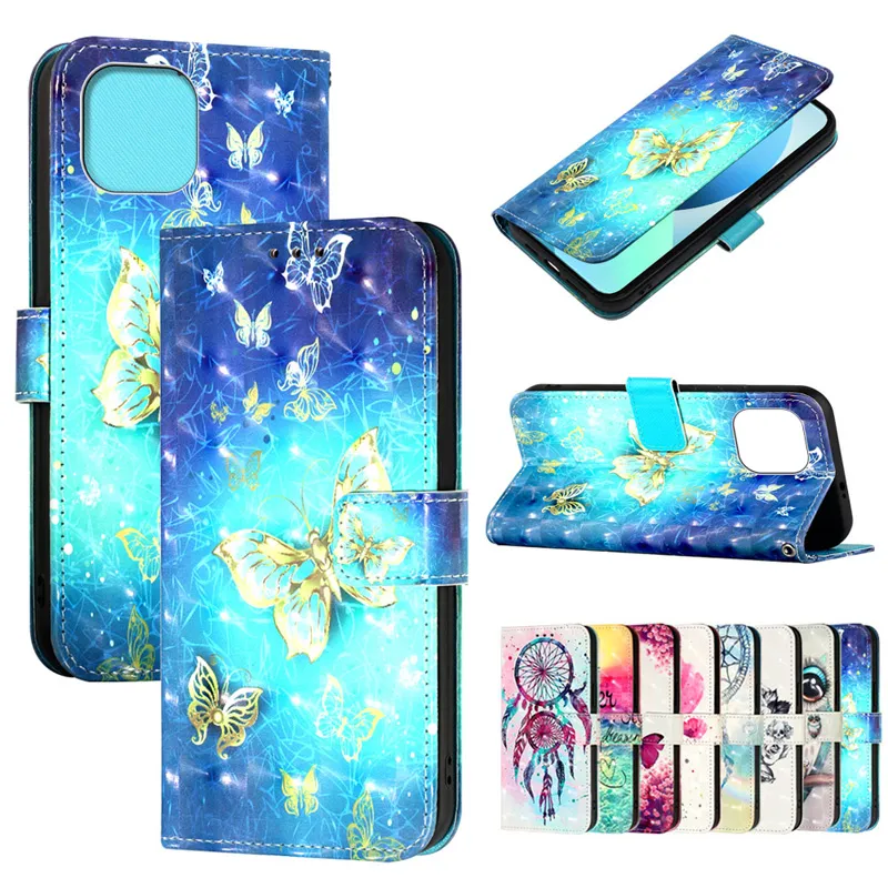 Étuis en cuir 3D Bling Wallet pour iPhone 14 Pro Max Cartoon Owl Skull Dream Flower Unicorn Flip Cover