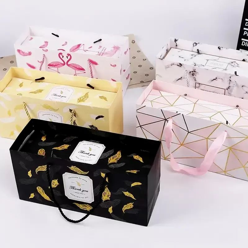 Gift Wrap Flamingo/Marble/Feather Pattern Paper Packaging Box Nougat Cookies Gift Boxes Wedding Chocolate Cake Bread Paperboard B0809