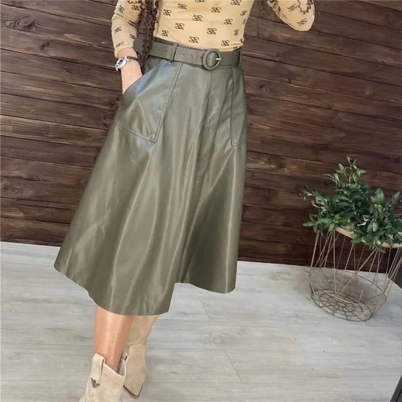 Neophil Winter Women Pu Faux Leather Pocket Midi Rok Flare Hoge Taille Solid vrouwelijke Skater Belt Skirts Longa Saia S9109 210311