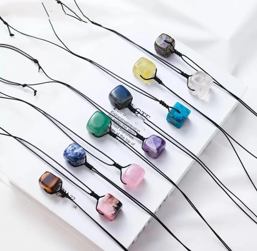 natural stone pendant square cubic rose quartz crystal necklace healing amethyst lapis for women men jewelry