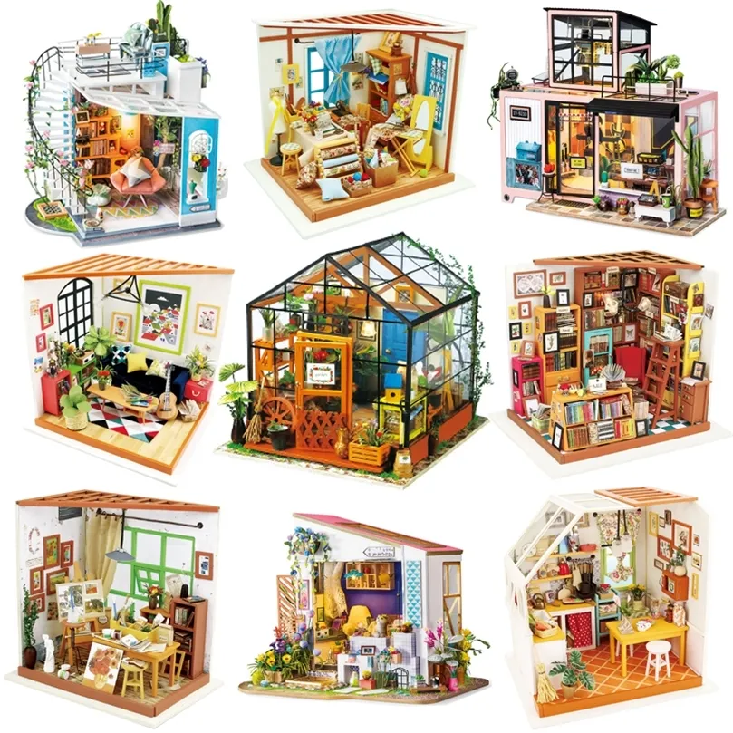 Robotime Ahşap Dollhouse Kitleri DIY Minyatür Bebek Evi Mobilya Oyuncaklar Çocuklar için Doğum Günü Hediyeleri En Iyi Koleksiyonu LJ201126