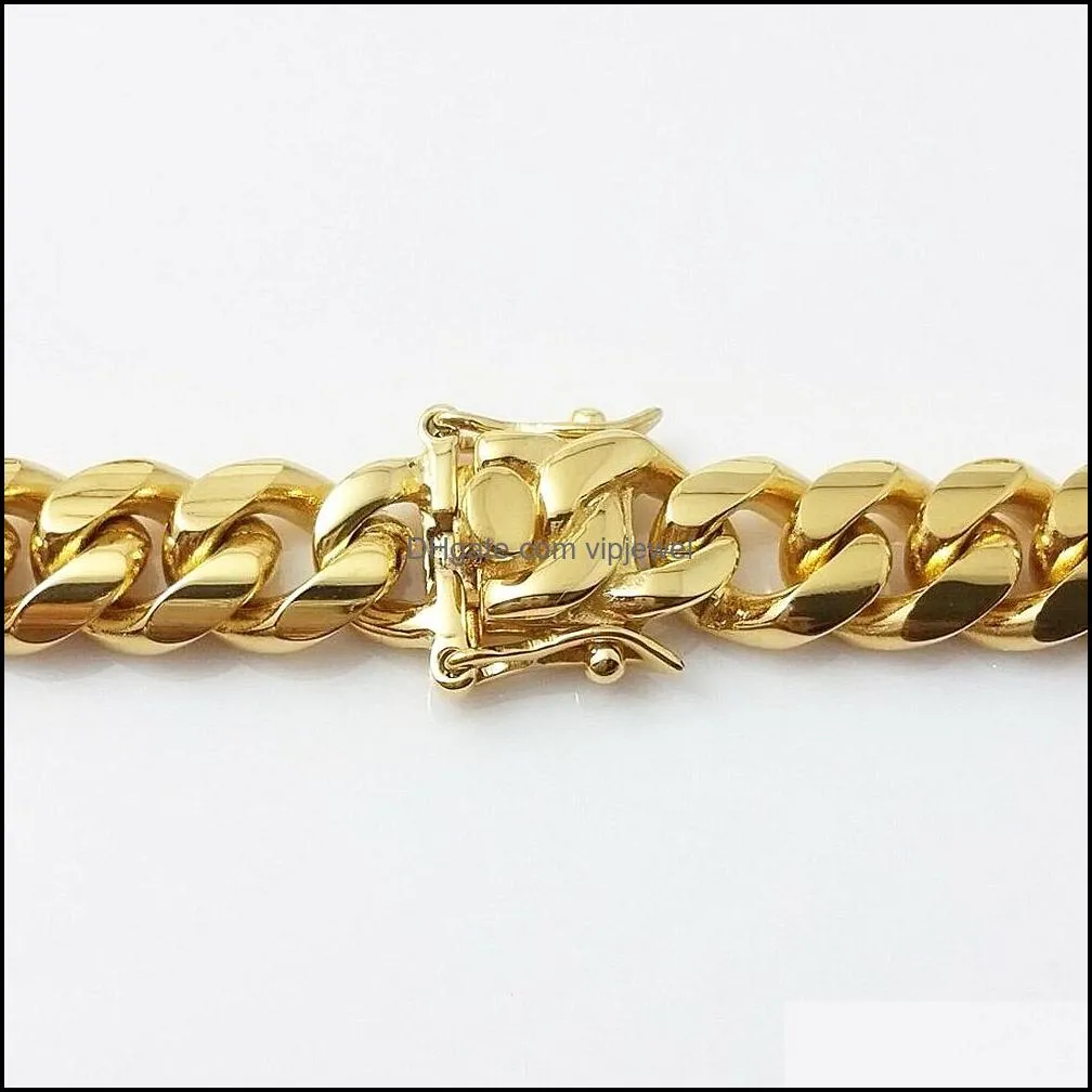 jch stainless steel jewelry set 24k gold plated high quality cuban link necklace & bracelet mens curb chain 1.4cm 8.5