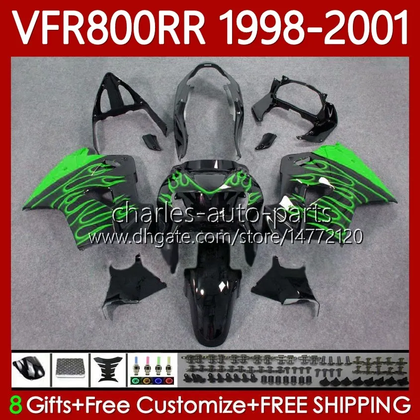 OEM Bodys för Honda VFR 800RR 800 CC RR Interceptor 1998-2001 128NO.164 VFR-800 VFR800 RR VFR800RR 98 99 00 01 Gröna flammor 800cc VFR800R 1998 1999 2000 2001 Fairing Kit