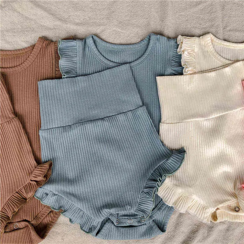 2022 Baby Girl New Clothes Set Soft Ribbed Cotton Bosyuit Shorts Clothing Set Cute Toddler Fashion Comfortable Jumpsuit Bloomers G220509