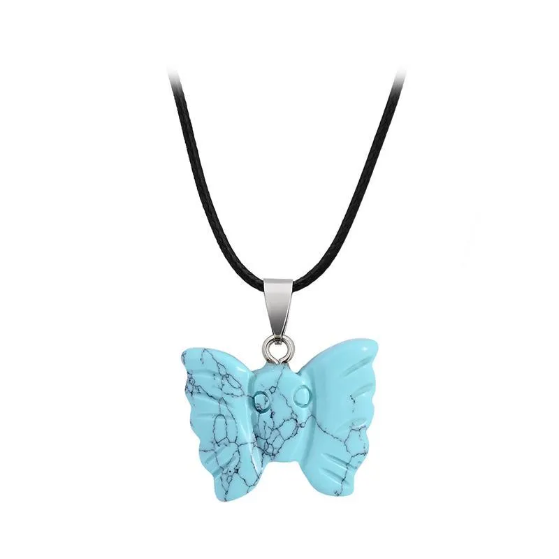 Crystal Stone Butterfly Pendant Necklace Hand Carved Natural Gemstone Necklaces Ladies Party Fashion Accessories Whit Chain