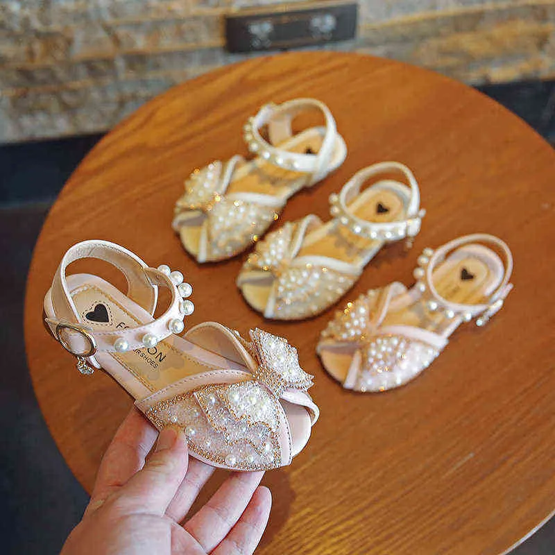 2022 여자 소녀 Peep-Toe Sandals 0-8 세 어린 소녀 어린이 공주 신발 핑크 활 진주 유아 여름 아파트 크기 23-34 G220523