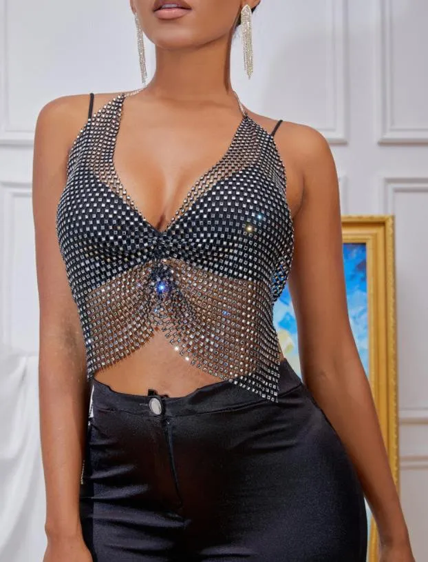 Top da donna con strass lucidi e senza schienale Canotta a rete sexy con scollo a barchetta trasparente Canotta in rete per la notte fuori Party Clubwear Gioielli per il corpo