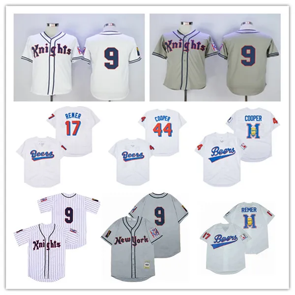 남자 밀워키 맥주 영화 야구 유니폼 #17 Doug Remer #44 Joe Cooper 스티치 화이트 그레이 뉴 NY 요크 기사 #9 Roy Hobbs Jersey Size S-XXXL