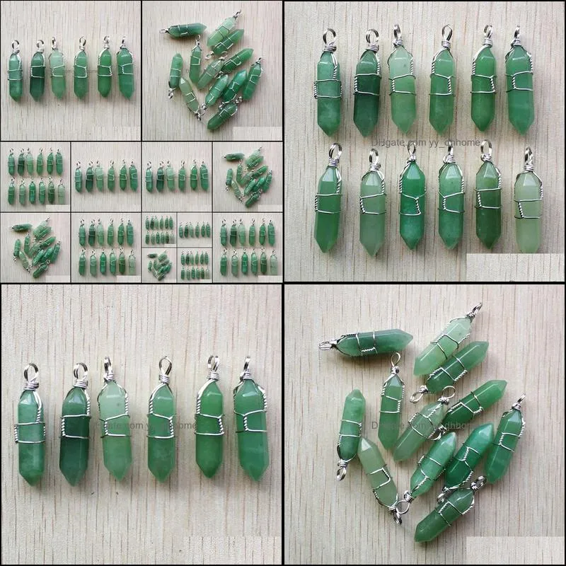 silver color wire wrapped green aventurine pillar charms hexagon pendulum pendant healing crystal stone hangings fashion jewelry making