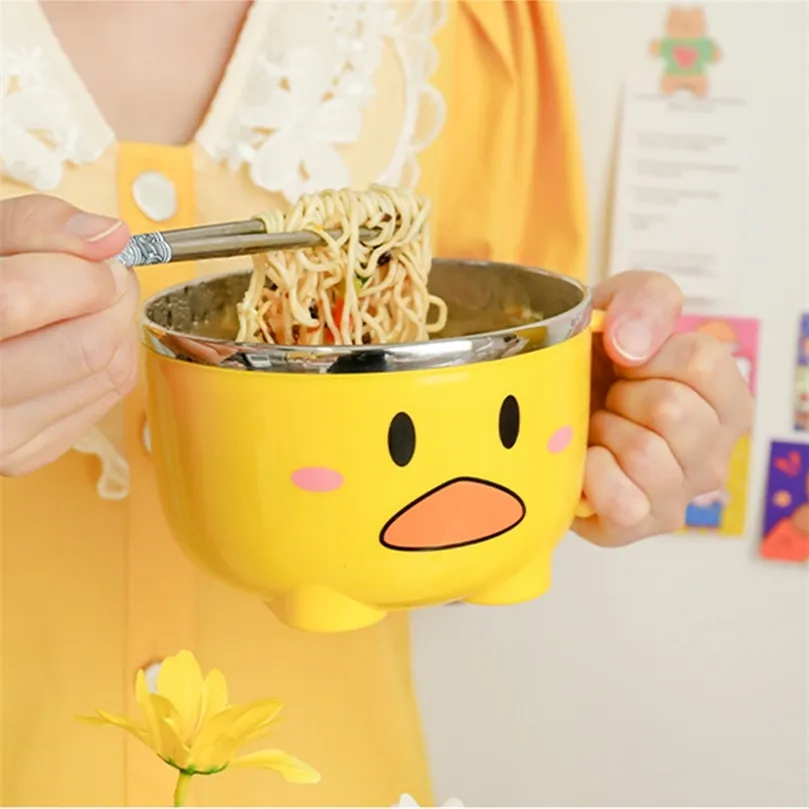 Kawaii Duck Ramen Noodles Bowl With Lid Cute Stainless Steel Kitchen Fruit Instant Salad Rice Soup Double-layer Bowl Tableware 220408