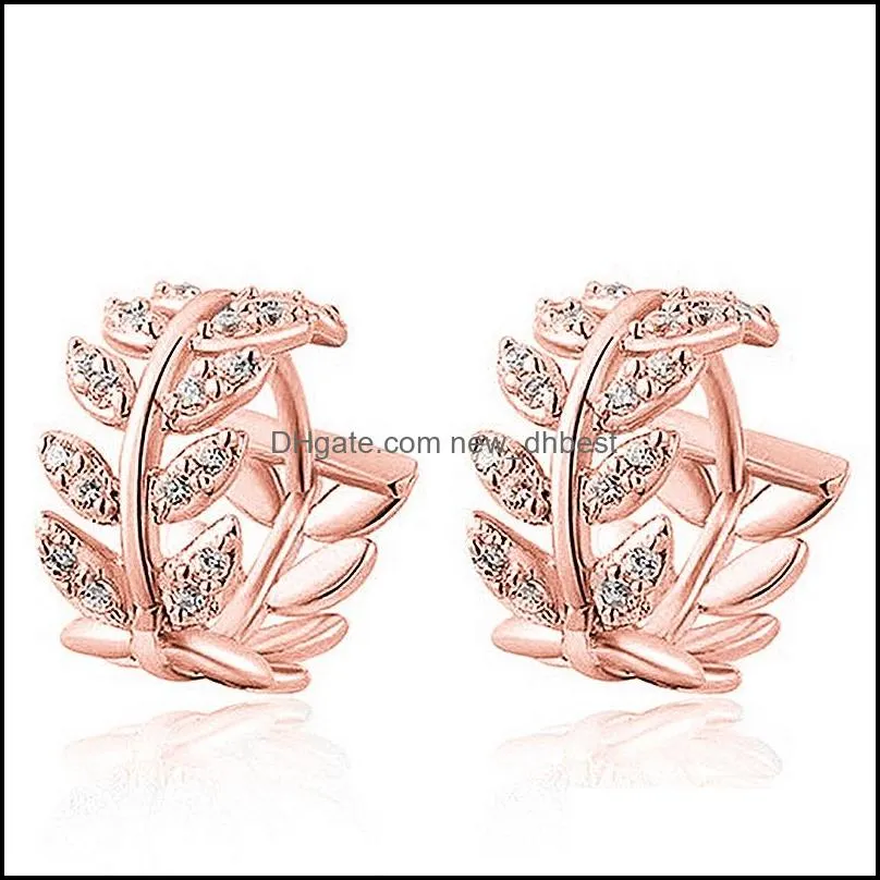 silver earrings leaves full zircon hoop earrings female fashion simple gorgeous jewelry valentine gift gold leaves circle stud