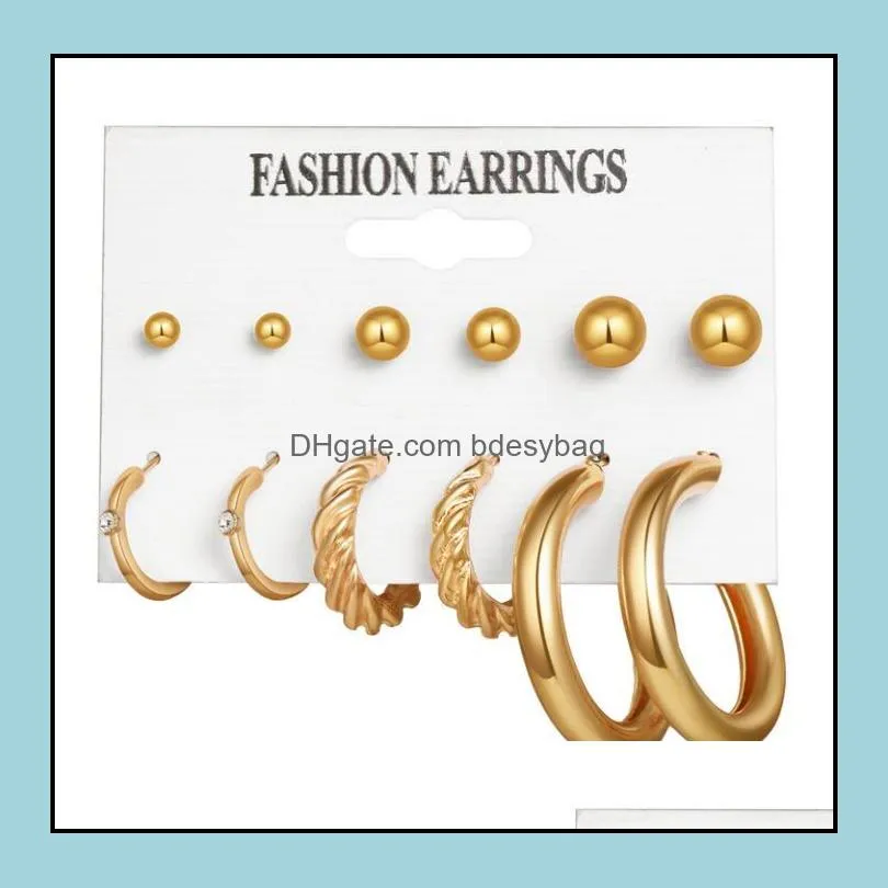 6pairs/set Gold Statement Charm Earrings Metal Big Exaggerated Circle Stud Ear ring Pearl Earring Set for Women Fashion Jewelry