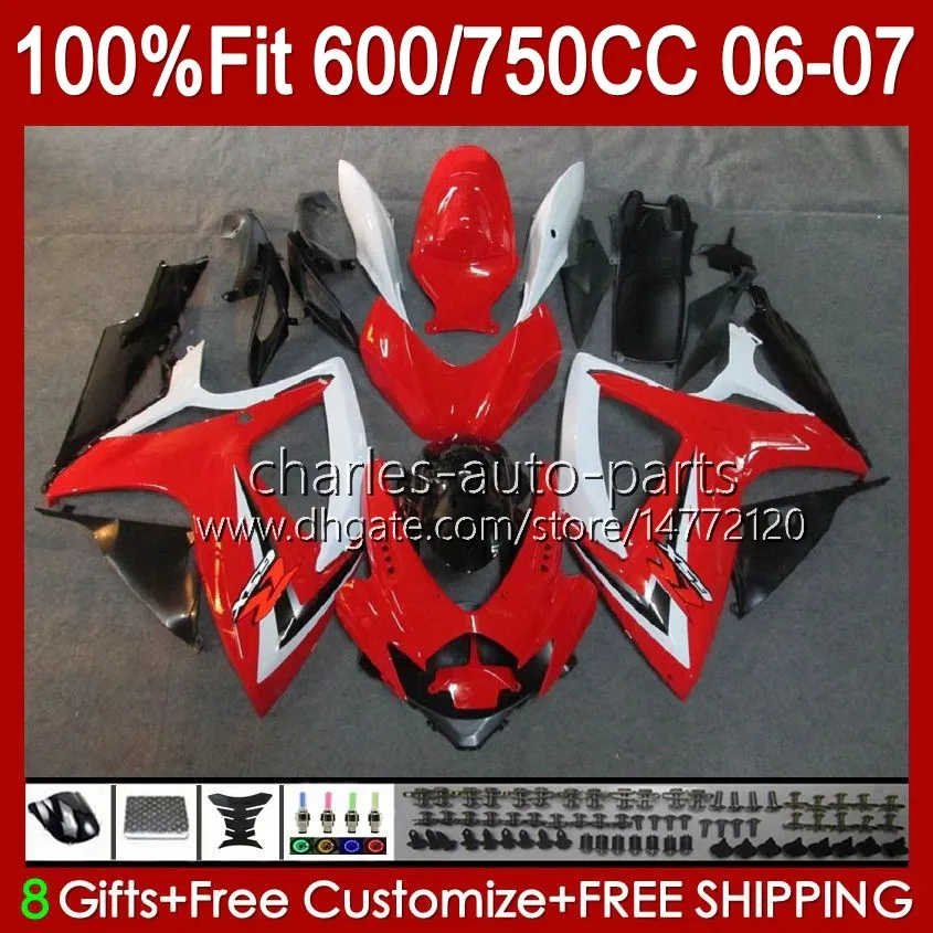 OEM-lichaam voor Suzuki GSXR-600 GLOSSY RED BLK GSXR750 K6 GSX-R750 06-07 Carrosserie 130 NO.19 GSXR 750CC 600CC 750 600 CC GSXR600 06 07 GSXR-750 2006 2007 Injectie Mold Falling