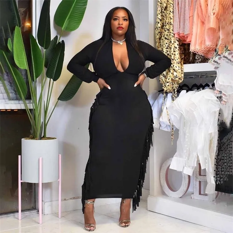 Plus Size Tassel Ribbed Midi Dress For Women Sexy Solid Color Long Sleeve Deep V Neck Slim Fit Wholesale Drop L4XL From Buyocean04 23.1 DHgate.Com