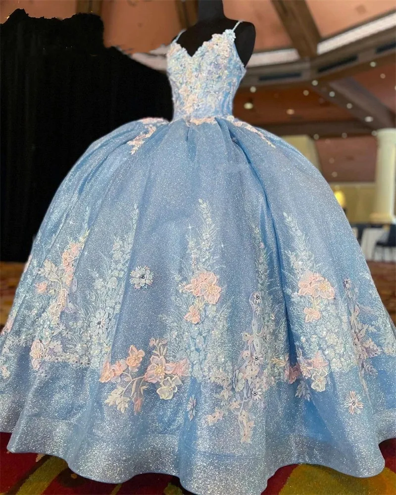 Kinderella Baby Blue Sweetheart Sukienki Quinceanera Aplikacje suknia balowa koronkowa w górę Formalne suknie studenckie Princess 322
