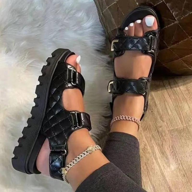 Sandalen plaid buckle riem sport dames casual schoenen open teen strand anti-slip platform platte dames shoesandals