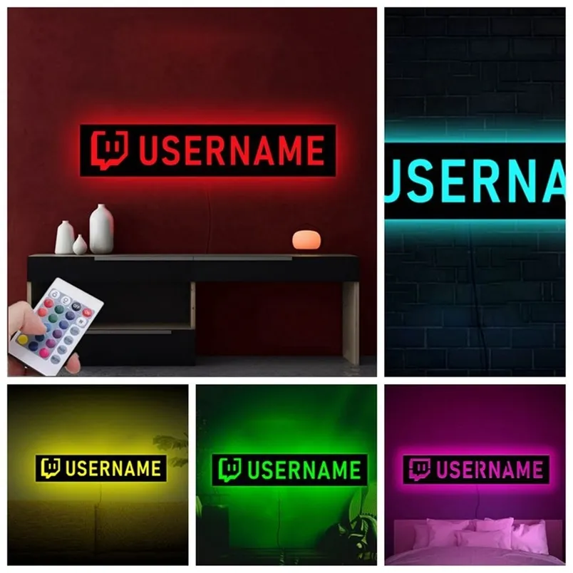 Personalizado para Twitch Lâmpada de parede de parede de madeira LED USB Night Light Remote Control para mudar a tag de jogador de cores Sign de neon 220615