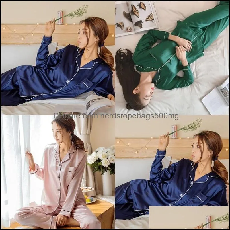 Womens Silk Satin Pajamas Pyjamas Set Long Sleeve Sleepwear Pijama Pajamas Suit Female Sleep Two Piece Set Loungewear Plus Size 562 R2