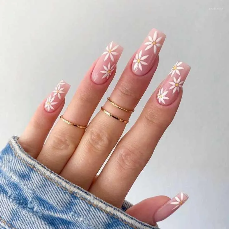 Faux ongles 24 pièces long cercueil détachable avec des motifs de fleurs ballerine française faux ongles à couverture complète appuyez sur Prud22