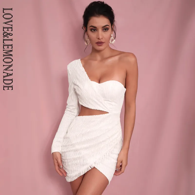 LOVELEMONADE Abito da festa aderente in materiale con colla glitterata con maniche singole ritagliate bianche sexy LOVELEMONADE LM81650 220507