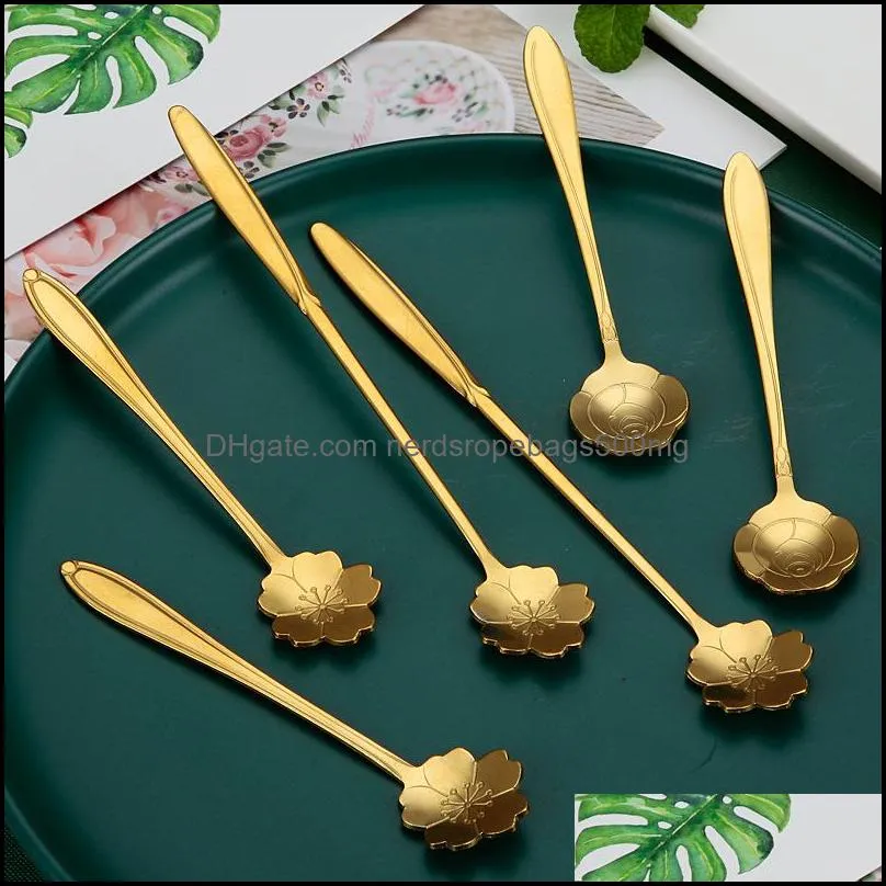 Spoons Flatware Kitchen Dining Bar Home Garden Gift Spoon Long Cherry Blossom Creative Golden Coffee Stirring Dessert Flower Wholesale Dr