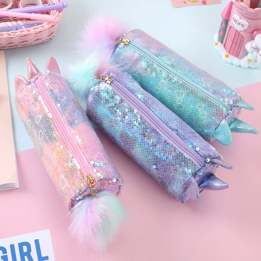 Cute Unicorn School Pencil Case for Girls Boys Pencilcase Sequin Pen Box Large Cartridge Big Pencase Bag Stationery Supplies Kit