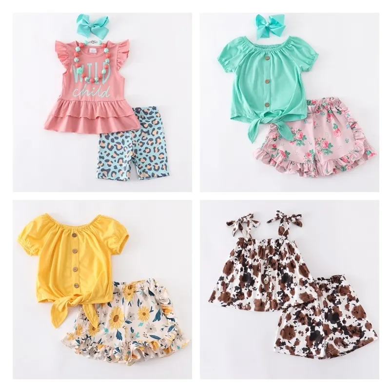 Girlymax Summer Baby Girls Children Clothes Strings Leopard Cow Floral Outfits Ruffles Boutique Kids Clothing 220620