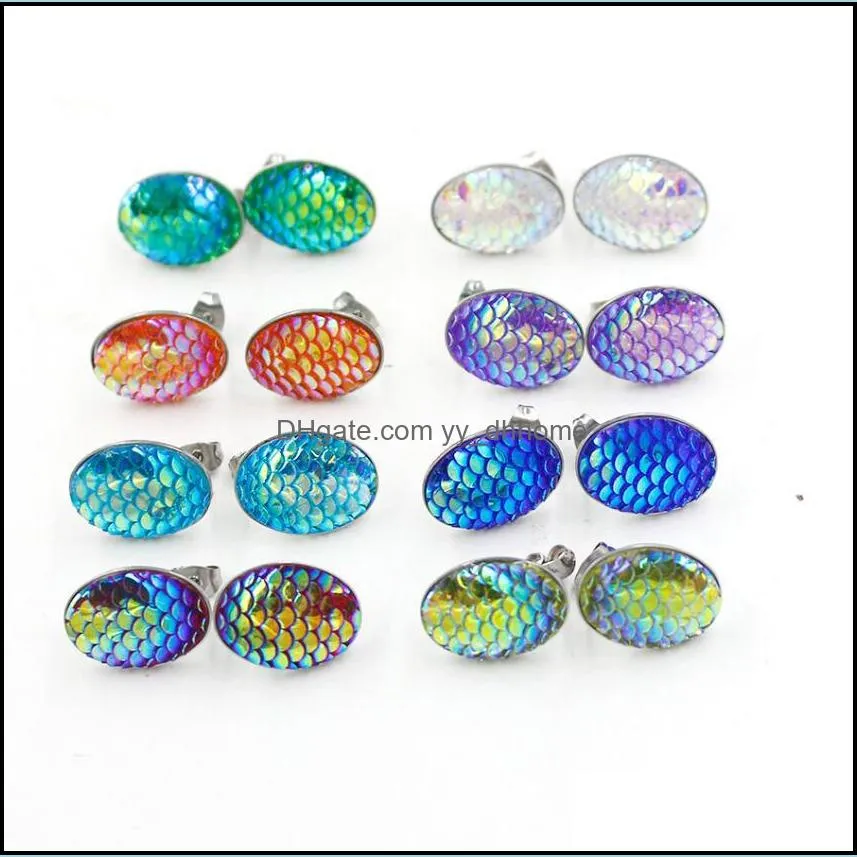 Stud 13X18Mm Oval Mermaid Fish Scale Earrings Stainless Steel Earings Drusy Druzy Jewelry Women Party Gift Dress Candy Color Yydhhome Dhs38
