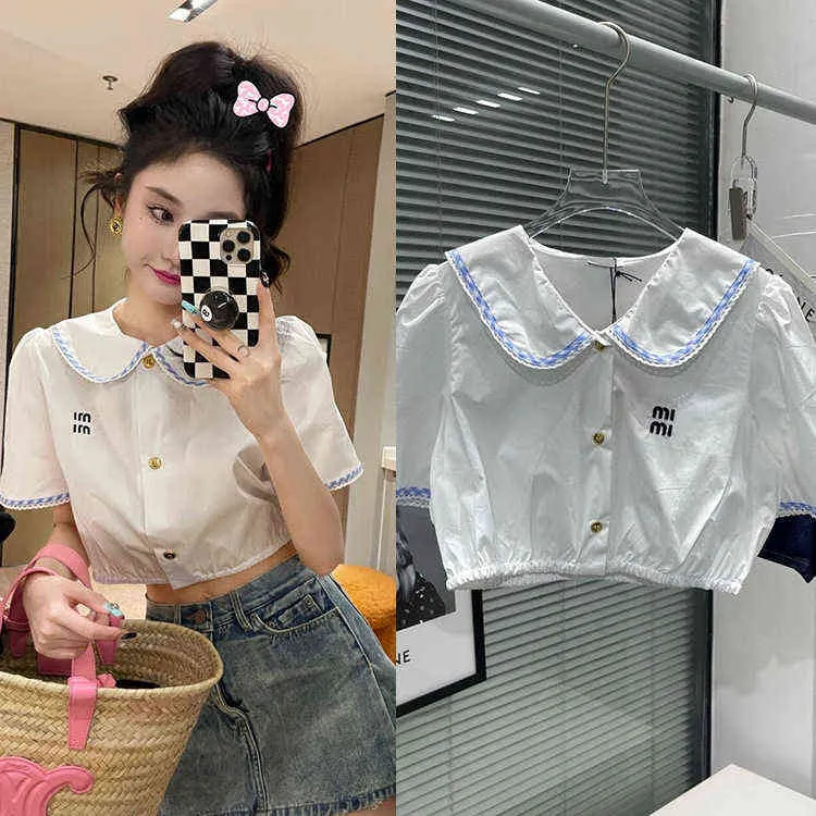 camicia corta ricamata per bambini con colletto a quadri blu primaverile ed estivo, camicetta dolce e fresca da donna