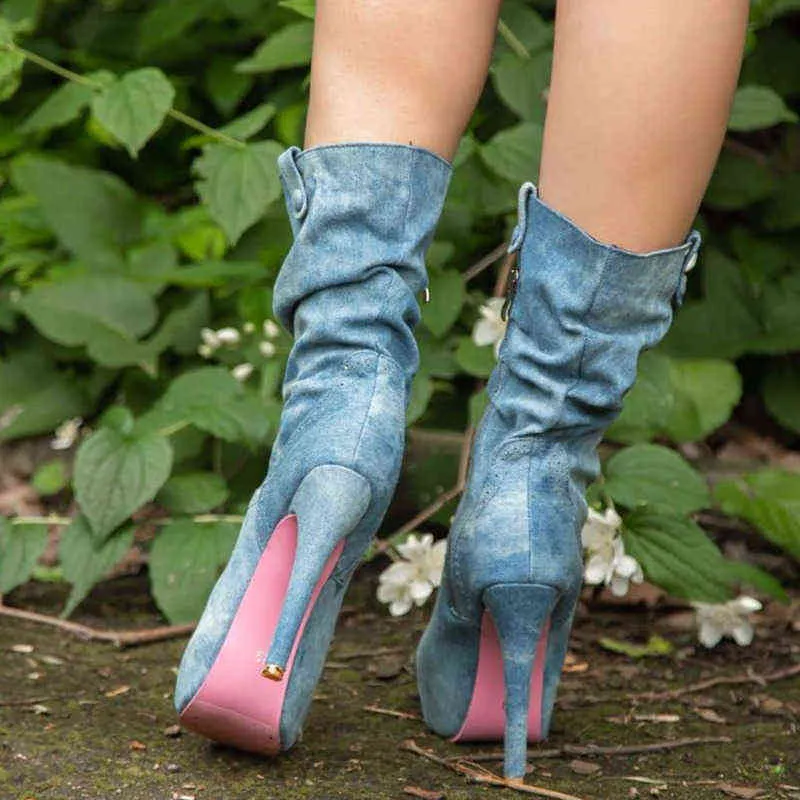 Boots2021 Женские коленные сапоги Sexy High Heels Side Decip Denim Cowboy Boots Fashion Designer Designer Platter Fare Shoes g220813