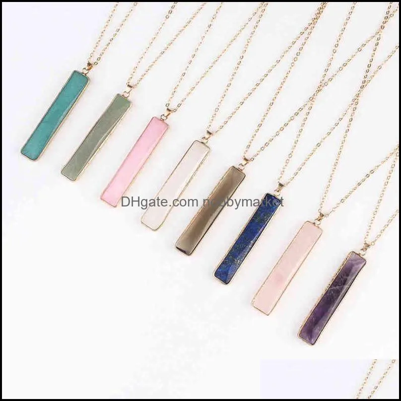 Fashion Woman Jewelry Long Gold Edge Natural Stone Bar Necklac