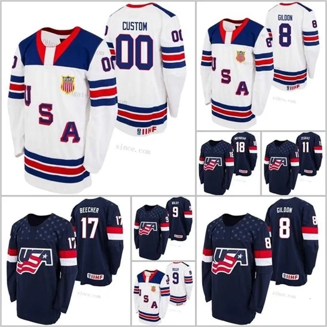 CEUF 6 Jack Hughes Hockey Jersey USA U18 Team 19 Alex Turcotte Cam York Cole Colefield Fensore 2021 BioSteel All American Game White Navy Jerseys