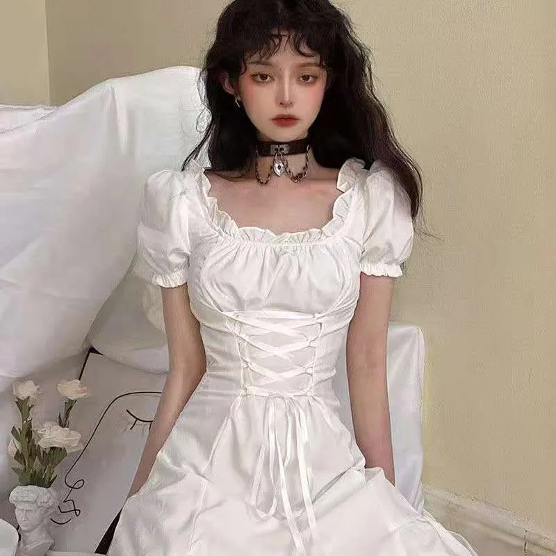 White Lolita Mini Dress with Lace Up - Goth Harajuku Punk Dark Aesthetic  Emo Dresses for Women - Kawaii Fairy Grunge Alternative Clothes