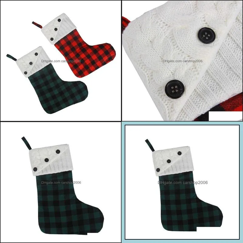 Santa Knitted Plaid Patchwork Printed Halloween Chritsmas Stockings Decorations Xams Tree Socks Bags Pandents Red Green Xmas RRB12168