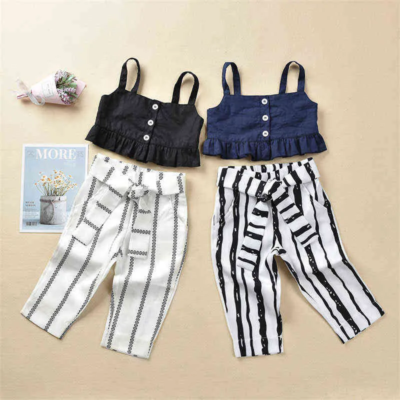 Pudcoco 1-4Y 2 pièces mode enfant en bas âge bébé filles enfants vêtements ensemble culture hauts gilet rayé pantalon tenues costume d'été G220509