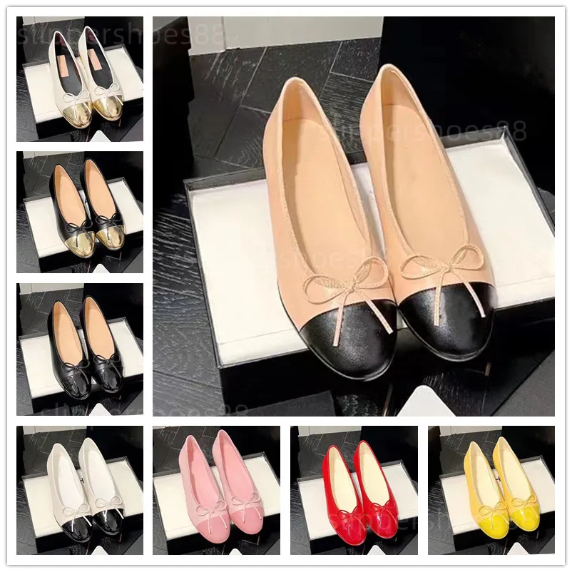 Designer Ballet Flats Womens skor äkta läderballerinas loafer platt pump slip på bekväm svartrosa vit klänningsko med bowtie