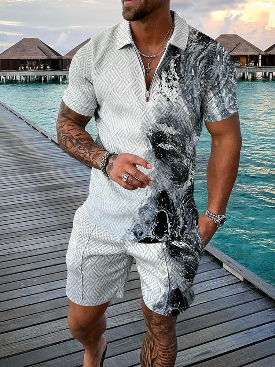 Fashion Men's Casual Tshirt Man Tracksuits Print short Sleeve Shirt Loose Suit Tracksuits For men Summer Hawaii Outfits Sets Two Piece Top and Shorts Set sweatshirt