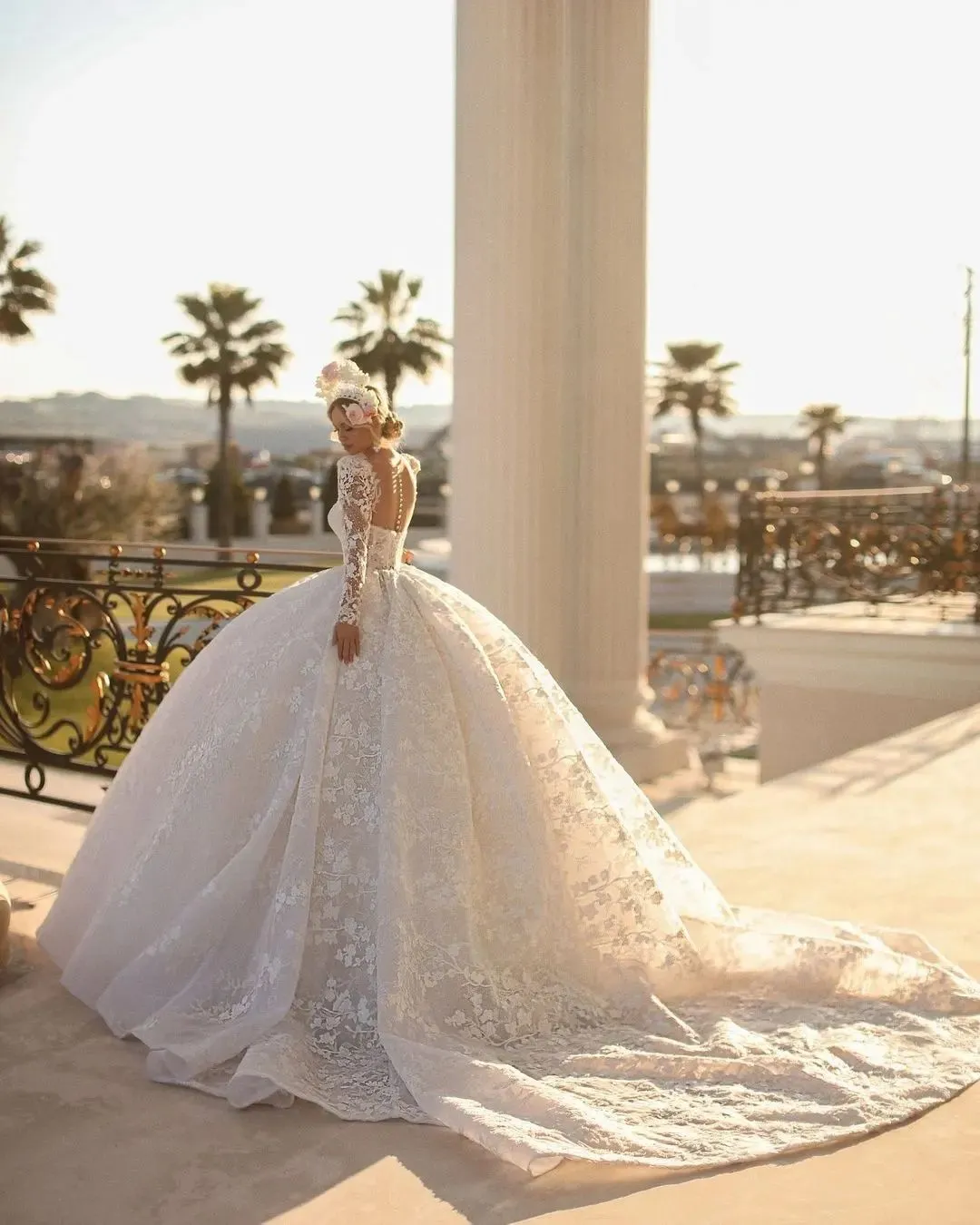 Custom Handmade Princess Sparkly Wedding Ball Gown with Deep Lace Appliques and Long Sleeves