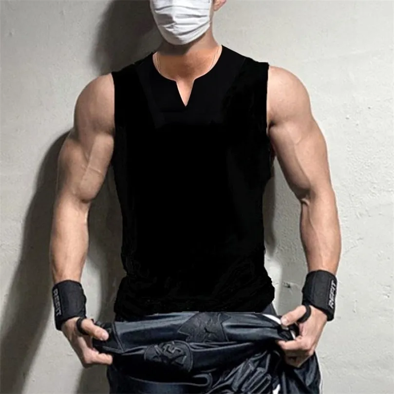 Мужчины VNECK TOP TOP PURE COLOR COTTLEMENT LEMMENT VEST GYM MUSCLE BOYBUILDING уличная одежда рубашка рубашка тренировки Fitness Sport 220527