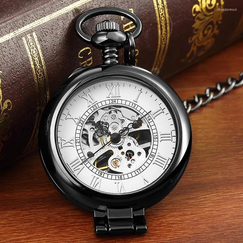 Montres de poche Mode 2022 Noir Mécanique Montre Hommes Femmes FOB Chaîne Cadran Romain Hllow Squelette Steampunk Acier Mâle Horloge Cadeau Ensemble Thun22