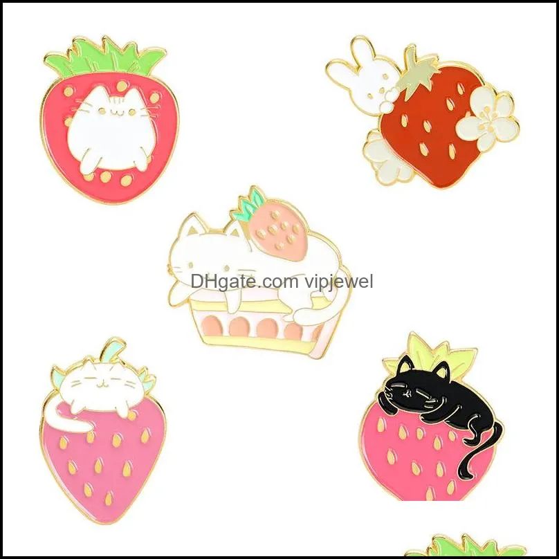 student cartoon strawberry rabbit brooch flowers black white cat lapel pins unisex fruit animals corsage badges for backpack sweater  clothes